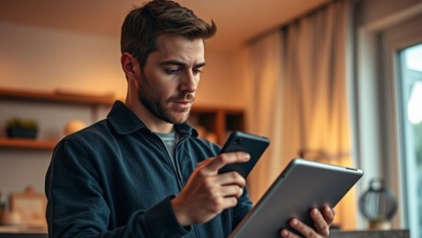 Young man analyzing personal safety device importance at home