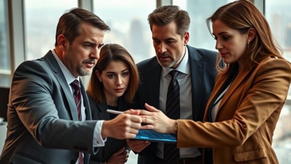 Professionals discussing data on digital screen, business planning strategy.