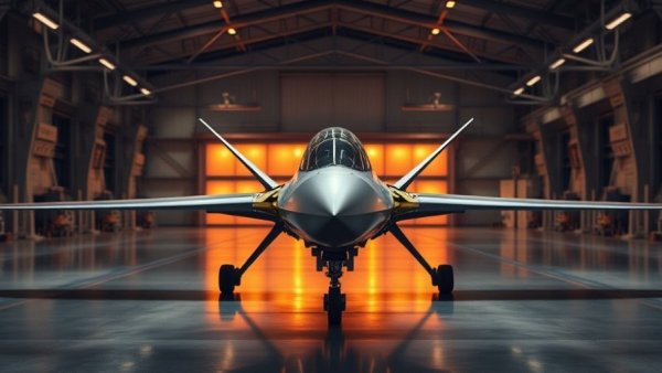 Futuristic military drone in a high-tech hangar with advanced design.