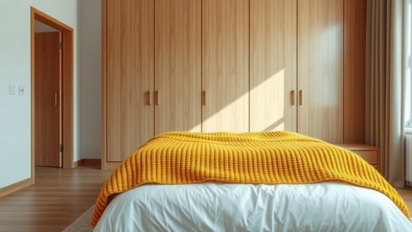 Minimalist bedroom with wooden wardrobe and yellow wool blanket.
