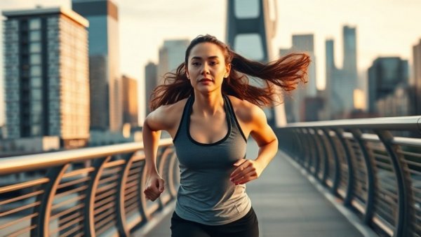 Energetic woman jogging on a bridge, capturing balanced blood sugar for performance.