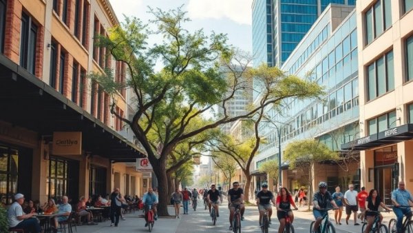 Austin lifestyle benefits: vibrant street scene with cafes and cyclists.