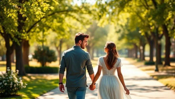Clean romance with a couple strolling in a sunlit park.