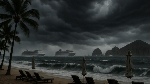 Storm clouds over Cabo beach with cruise ships - Travel Tips During Cabo Storms.