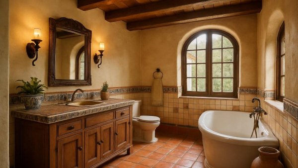 Spanish-style bathroom remodeling with rustic terra cotta tiles and beams.
