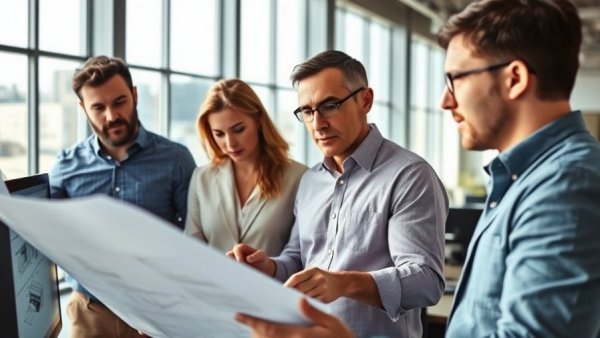 Architects reviewing blueprints in a modern office with design software.