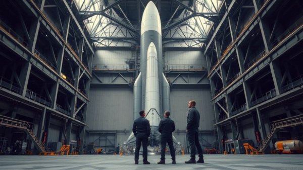 Engineers assessing a reusable rocket in a hangar.