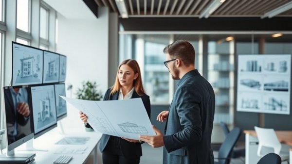 Professionals using architecture and design software solutions in modern office.