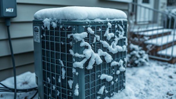 Snow-covered AC unit in winter, demonstrating necessity of protection.