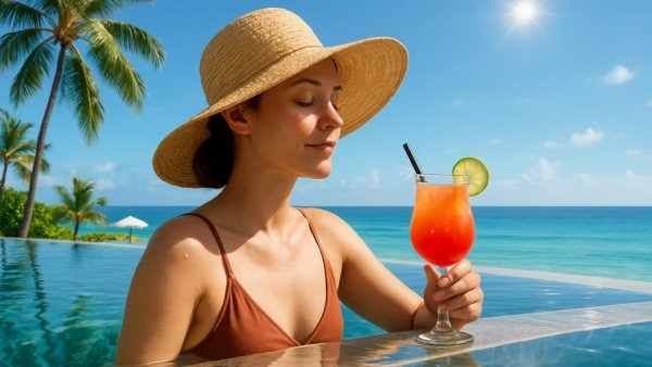 Tranquil scene of a woman relaxing by an infinity pool in Cabo or Cancun.