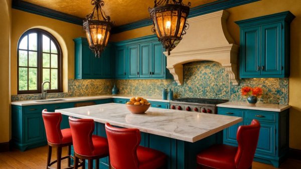 Mediterranean Kitchen Design Miami with red stools and gold ceiling.