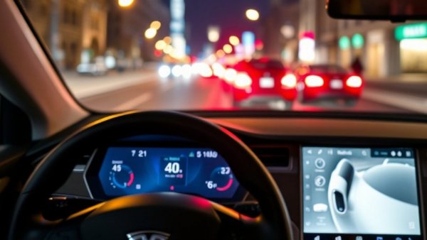 Tesla Autopilot dashboard at night, urban street lights, phase-out implications.