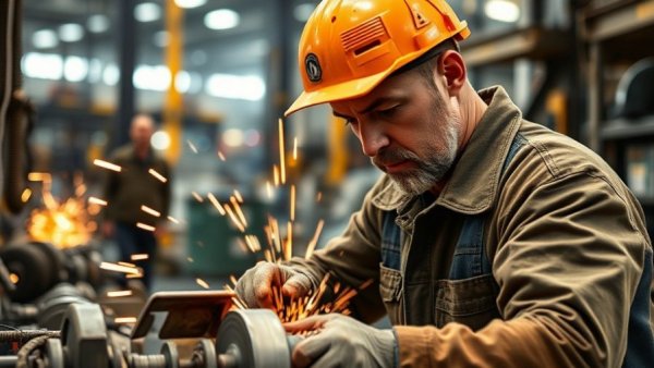 Industrial worker grinding metal with sparks, COSCO SHIPPING joint venture capital increase delay.