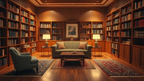 Villa Rezek Restoration: Mid-century interior with bookshelves and sofa.