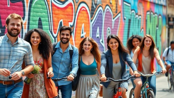 Vibrant group walking and biking in Austin with colorful murals, capturing Austin weird.