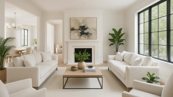 Timeless neutral open concept living room with modern decor.