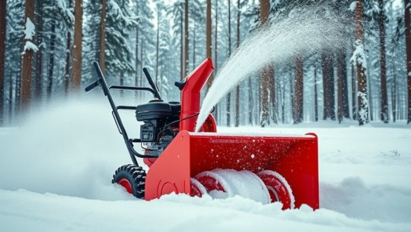 Powerful red snow blower in winter landscape.