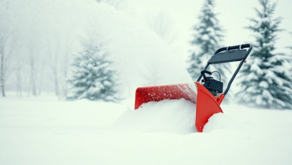 Close-up of red snow blower clearing snow, winter landscape.