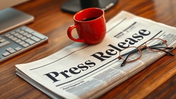 Press release on desk with red coffee cup and glasses, AC installation in Eustis FL.