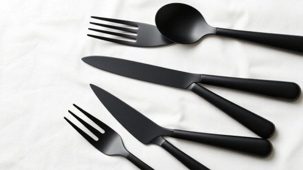Sleek Sabre flatware with black handles on white background.