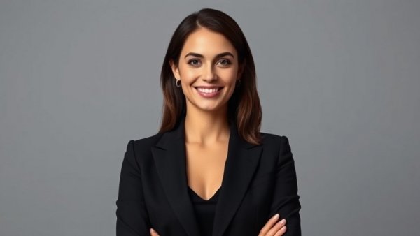 Confident woman in black suit smiling softly against a gray background.