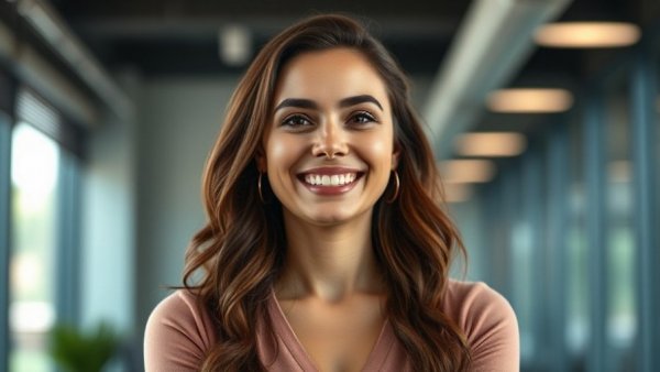 Smiling woman in office setting, video marketing for lead generation