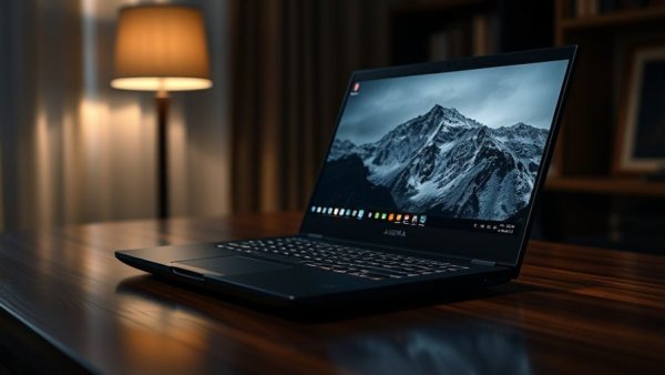 Sleek Alienware 16 Aurora laptop with mountain wallpaper on a desk.