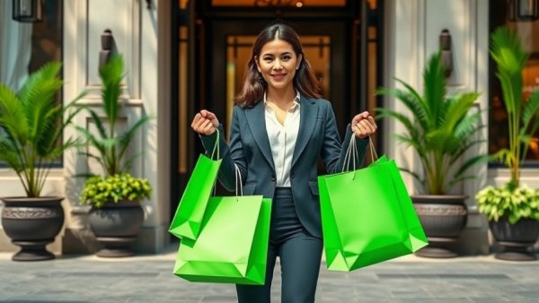 Luxurious entrance with person holding green bags.