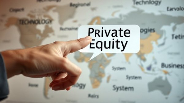 Global private equity concept with hand pointing to text bubble.