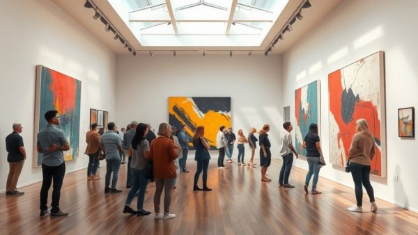 Visitors engaging with art in a bright gallery, highlighting benefits of visiting art exhibits.