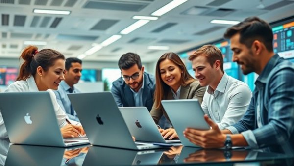 Business team discussing answer engine optimisation in a modern office.