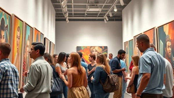 Art Exhibits for Business Insights: People in art gallery discussing paintings.