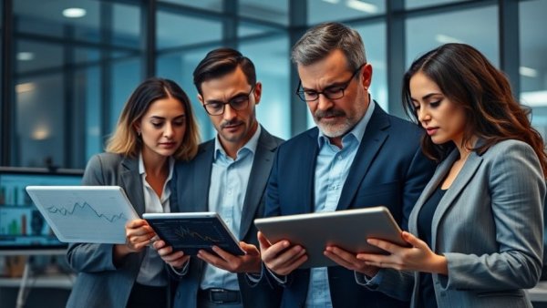 Business team analyzing data for reputation marketing strategies in a modern office.