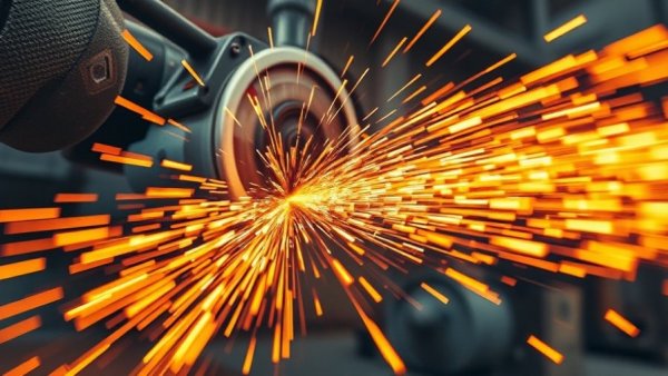 Close-up of metal grinder with sparks flying, bright orange and gray.