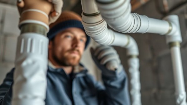 Insulated plumbing pipes for HVAC winter preparation in utility room.