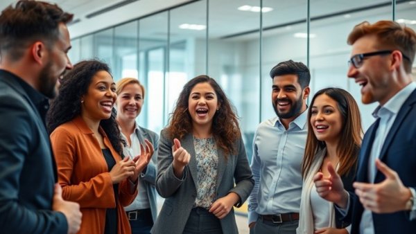 Team discussing Talk Fusion video email in modern office.