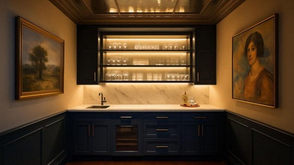 Stylish home bar design in Houston with blue cabinetry