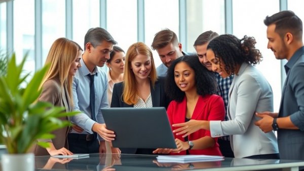 Team collaborating on brand voice consistency in modern office.