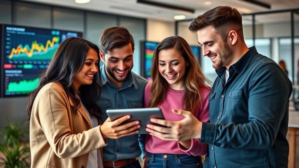 Group of young adults discussing audience engagement strategies on a tablet.