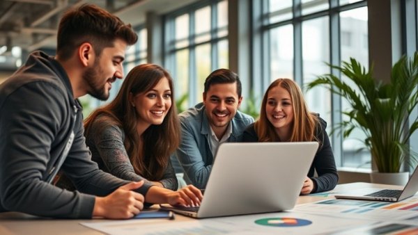 Dynamic group of young professionals discussing brand voice consistency.