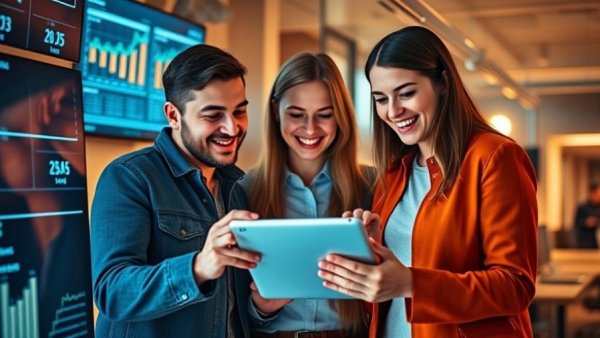 Colleagues engaging over a tablet discussing audience engagement strategies.