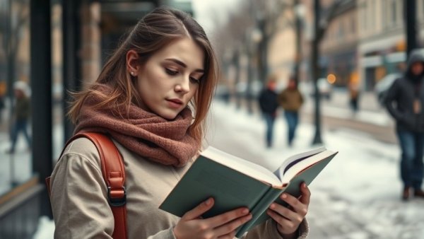 Woman reading outdoors in winter, snowy urban setting.