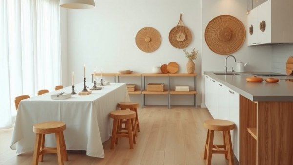 Serene minimalist kitchen setup perfect for Creative Workshops and Events.