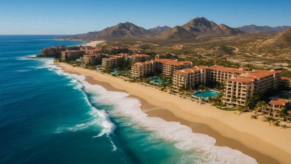 Aerial view of Los Cabos beachfront resorts highlighting timeshare popularity.