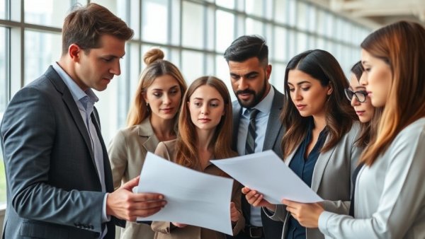 Professionals discussing documents in a modern office under natural lighting, showing impact of Google core updates on educational supply chains.