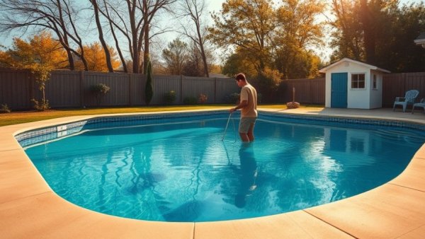 Sunny backyard pool maintenance during cold weather