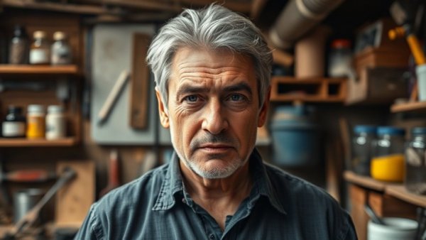Mature man in a detailed workshop setting, highlighting tools and supplies.