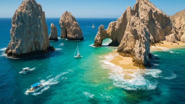 Iconic rock formations at Los Cabos with boats and turquoise water.
