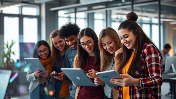 Team discussing social media marketing trends 2024 in an office.