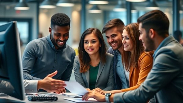 Diverse team discussing platform-specific marketing strategies in a modern office.